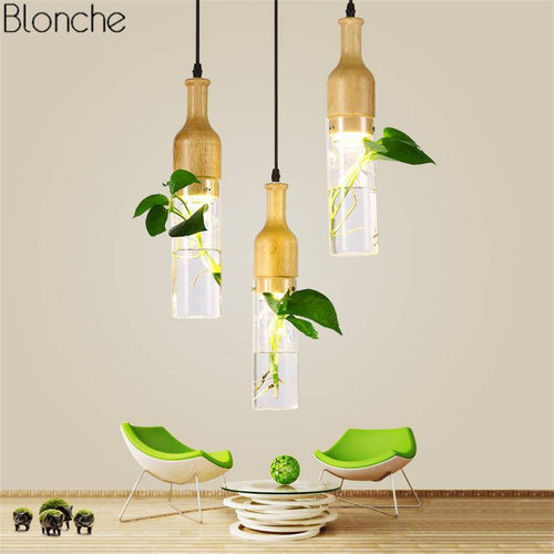 pendant light Wooden LED with plant and water tank Bottle