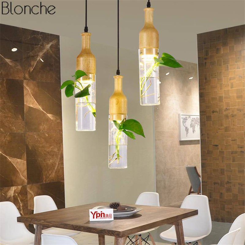 pendant light Wooden LED with plant and water tank Bottle