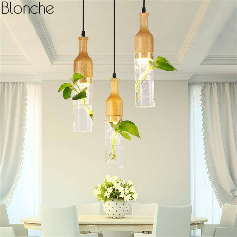 pendant light Wooden LED with plant and water tank Bottle