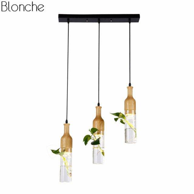 pendant light Wooden LED with plant and water tank Bottle