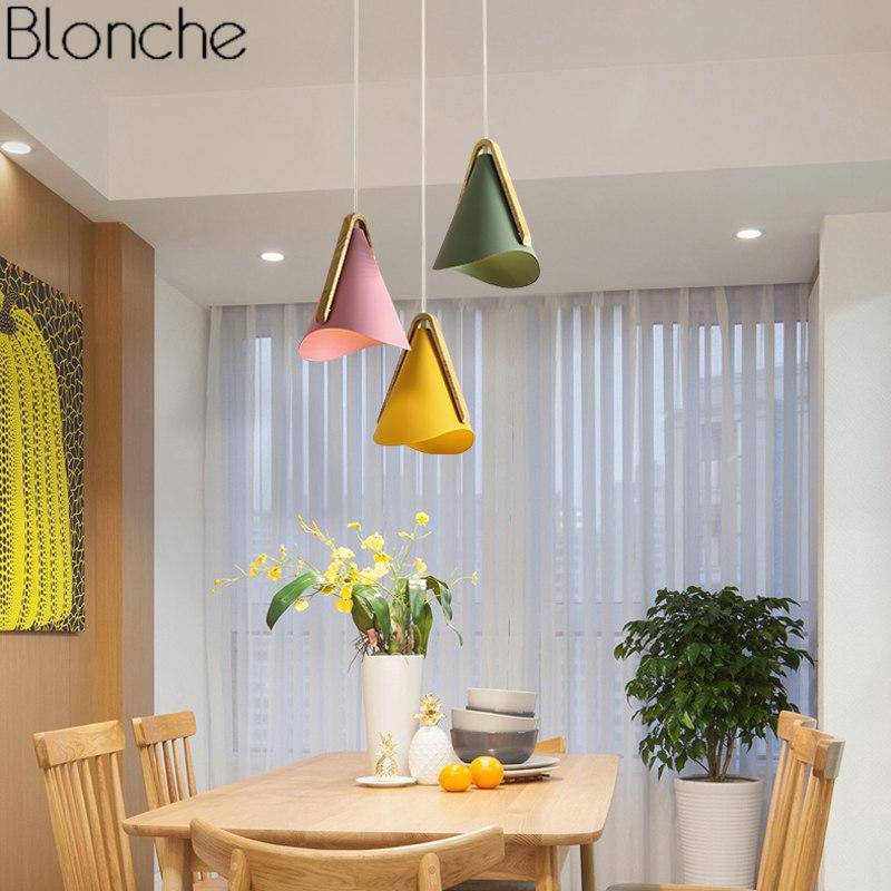 pendant light Nordic LED wood and metal cone