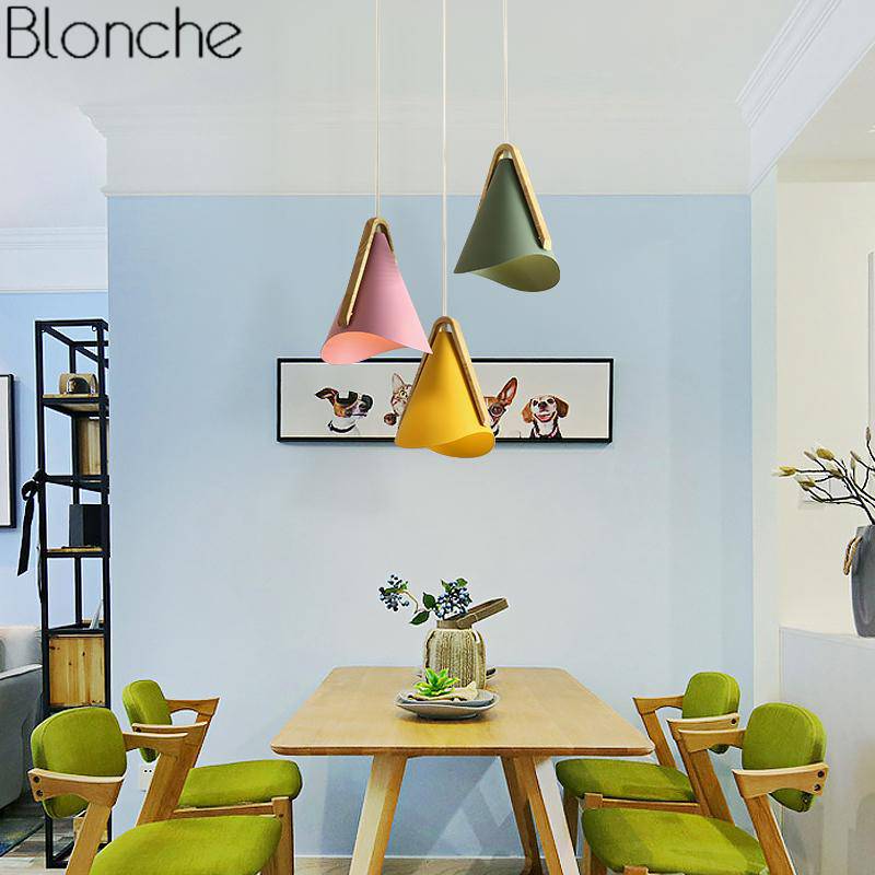 pendant light Nordic LED wood and metal cone