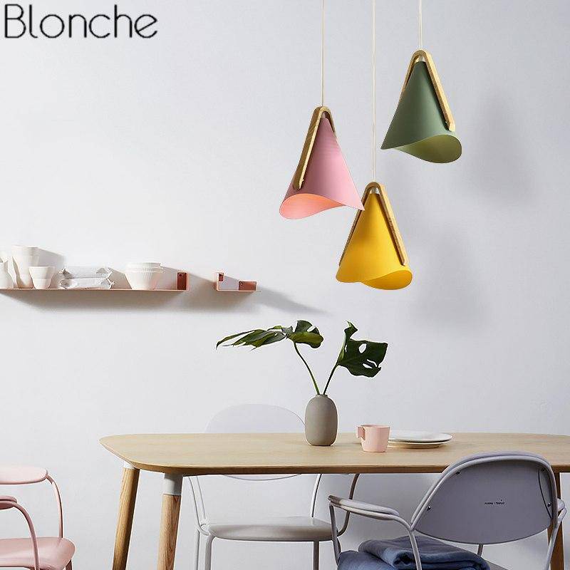 pendant light Nordic LED wood and metal cone