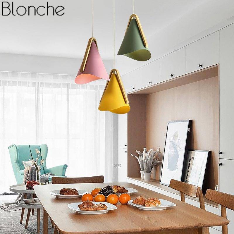 pendant light Nordic LED wood and metal cone