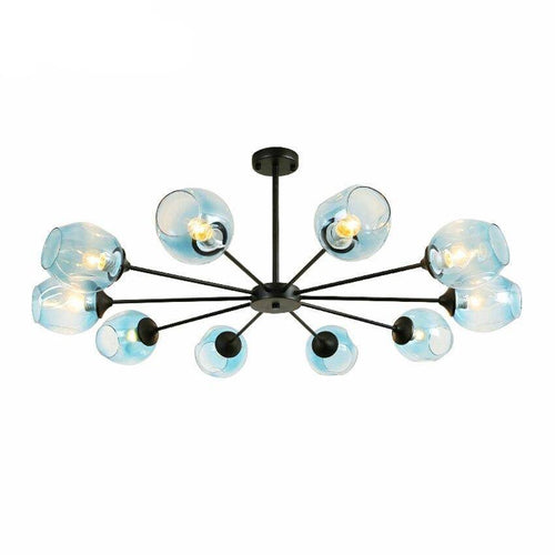Metal LED design chandelier with several coloured glass shades