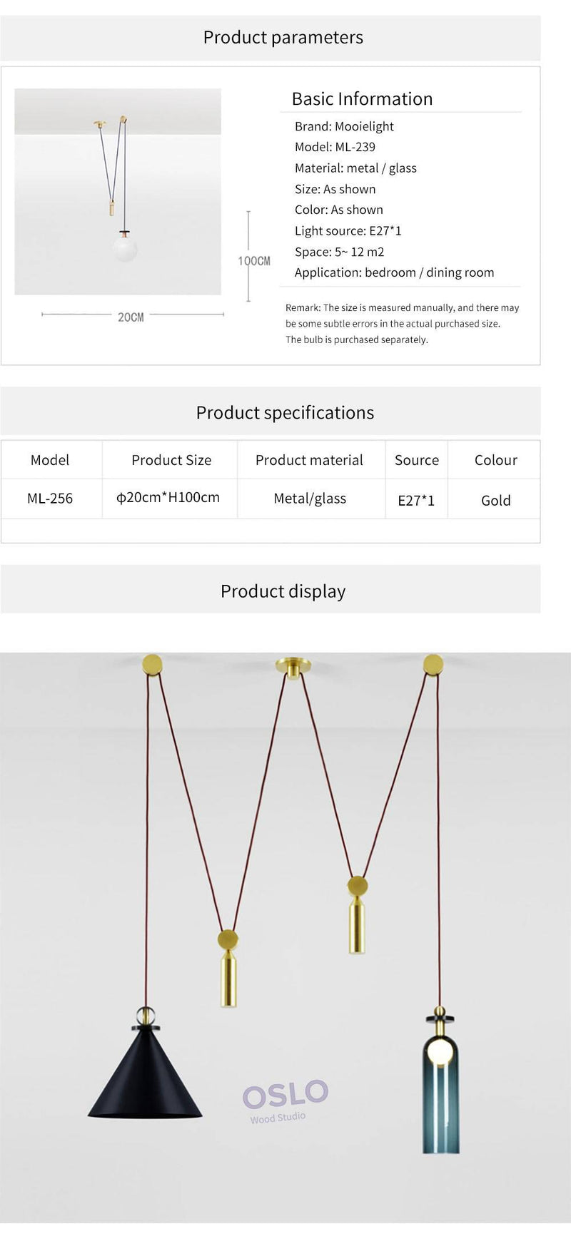 Suspension en bois et métal avec long fil Oslo