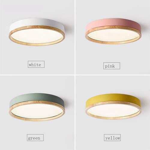Round LED ceiling lamp in coloured metal and wood Shape