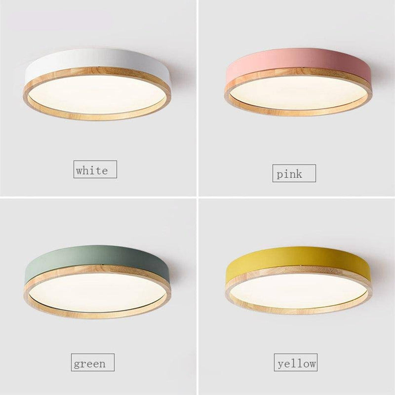 Plafonnier LED rond en métal de couleur et bois Shape