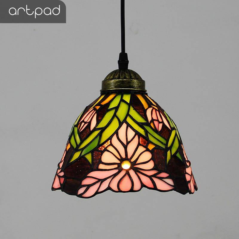 Suspension rétro à LED avec abat-jour verre aux motifs fleurs