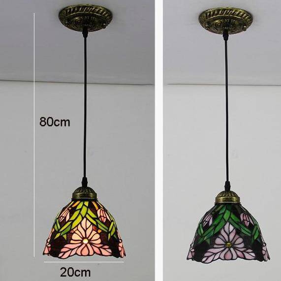 Suspension rétro à LED avec abat-jour verre aux motifs fleurs