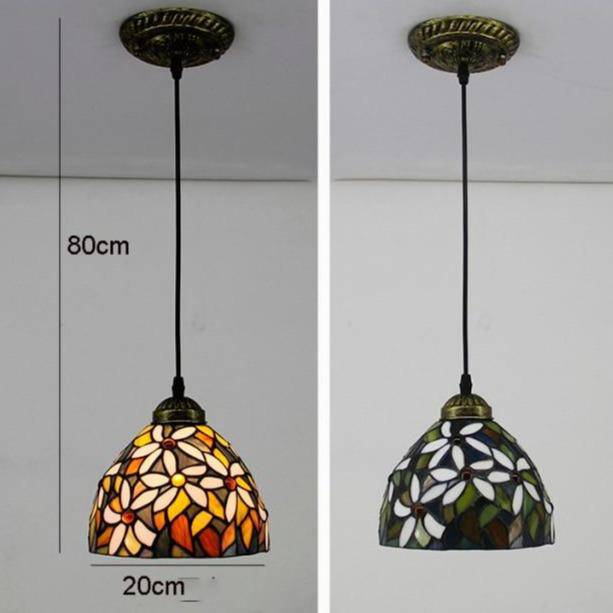Suspension rétro à LED avec abat-jour verre aux motifs fleurs