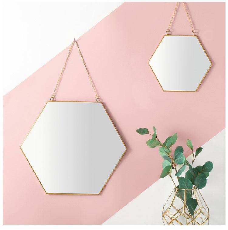 Espejo decorativo de pared hexagonal con borde de madera Geométrico