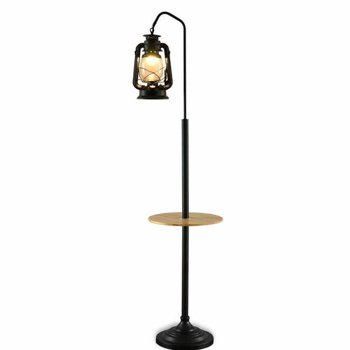 Floor lamp retro LED with table and vintage lantern Kerozene