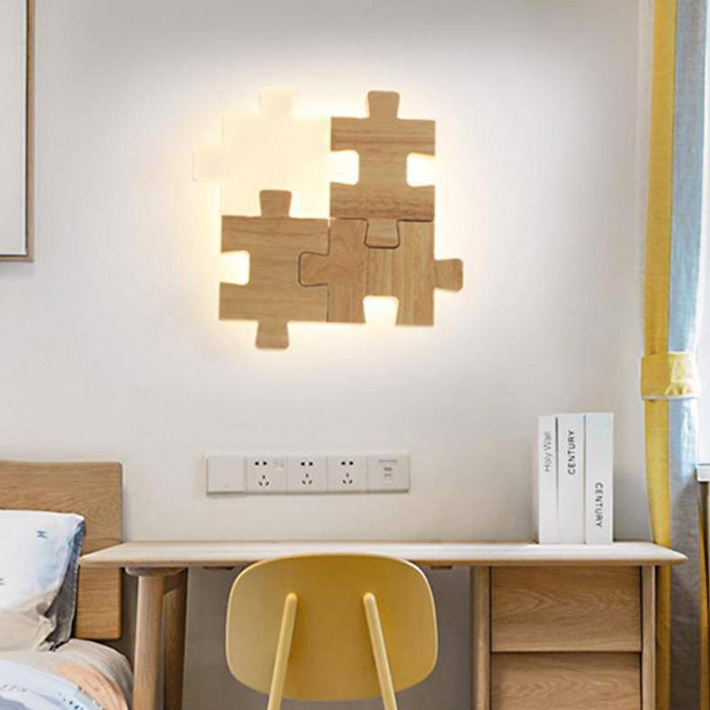 Lámpara de pared design en forma de puzzle de madera