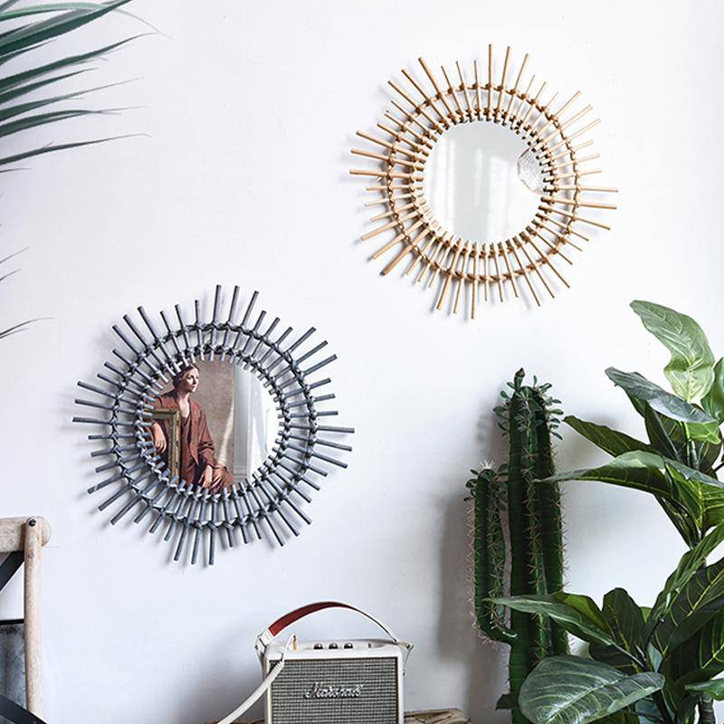 Miroir mural décoratif rond en rotin doré Rattan - vue 4 sur 5