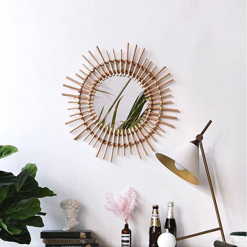 Miroir mural décoratif rond en rotin doré Rattan