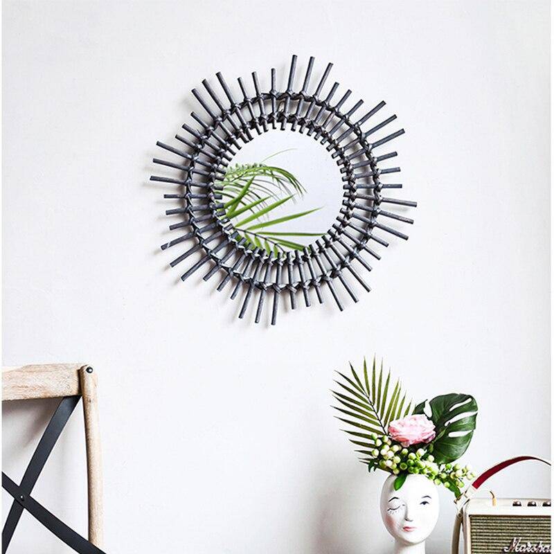 Miroir mural décoratif rond en rotin noir Rattan