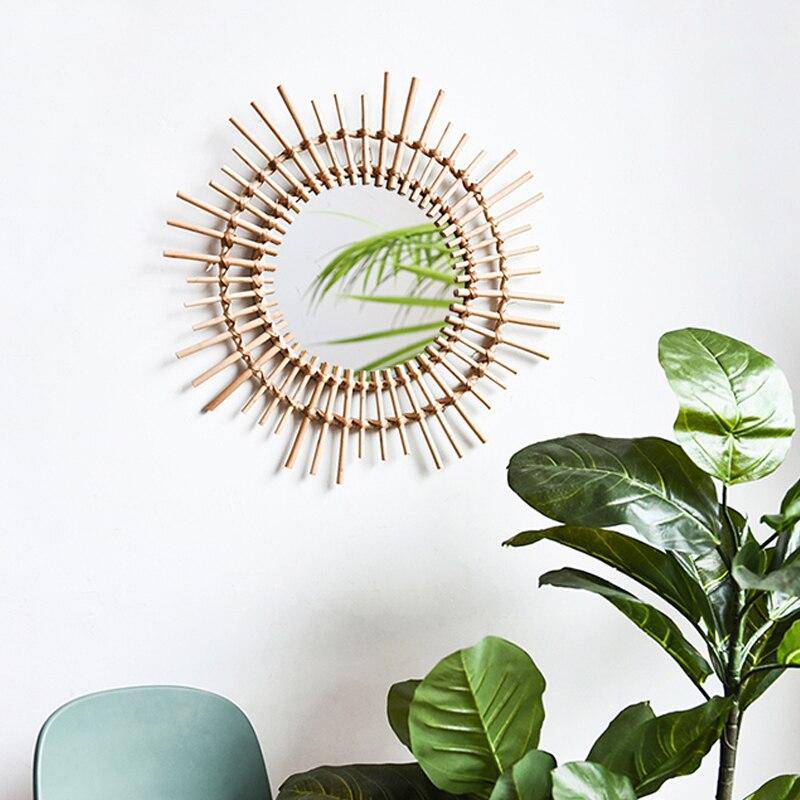 Miroir mural décoratif rond en rotin doré Rattan - vue 3 sur 5