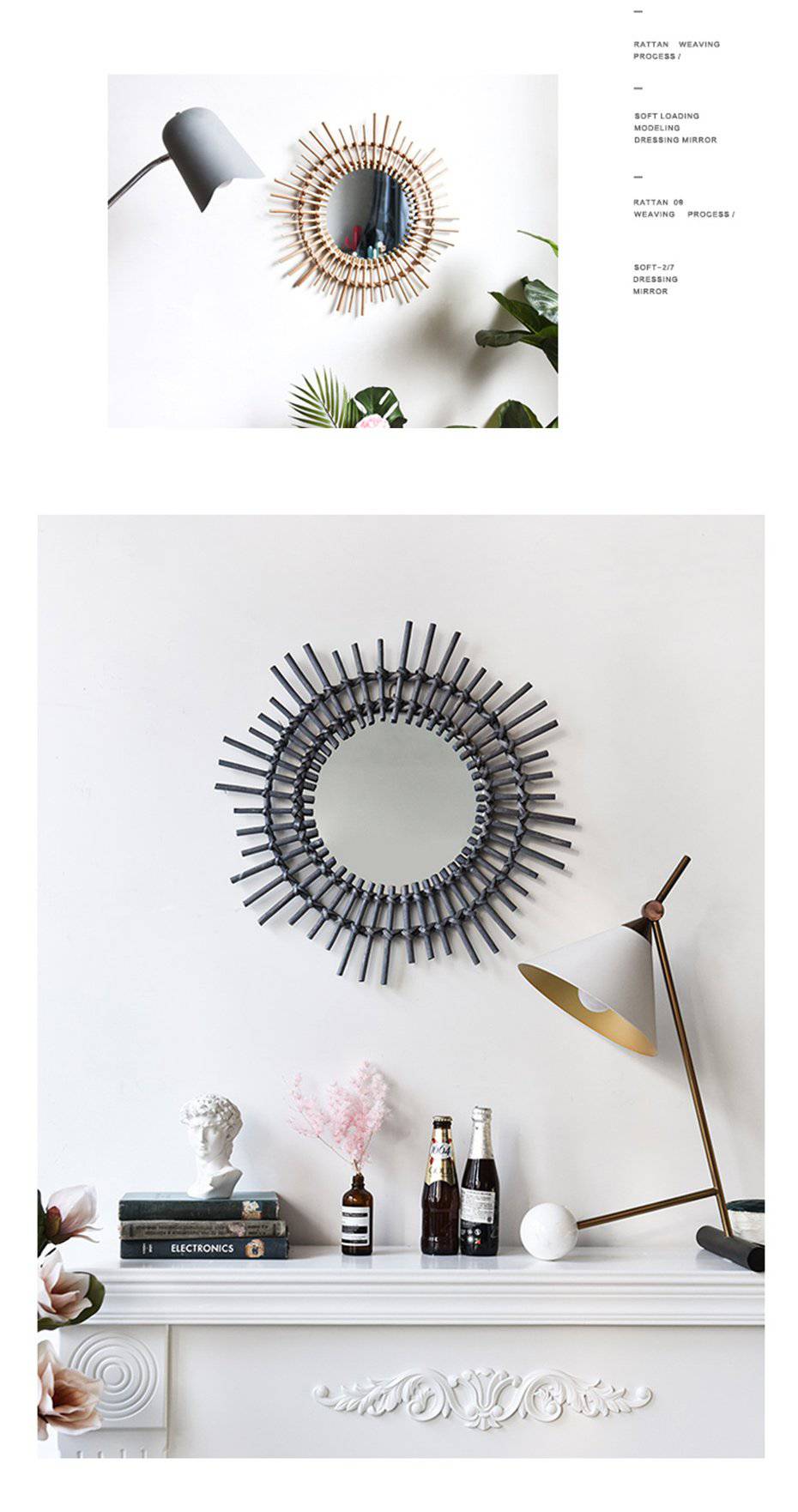 Miroir mural décoratif rond en rotin noir Rattan - vue 4 sur 4