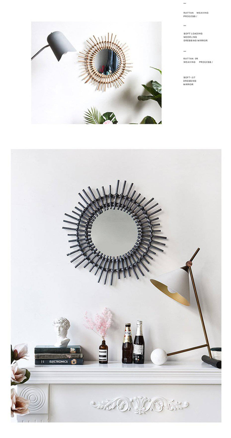 Round decorative wall mirror in black rattan Rattan