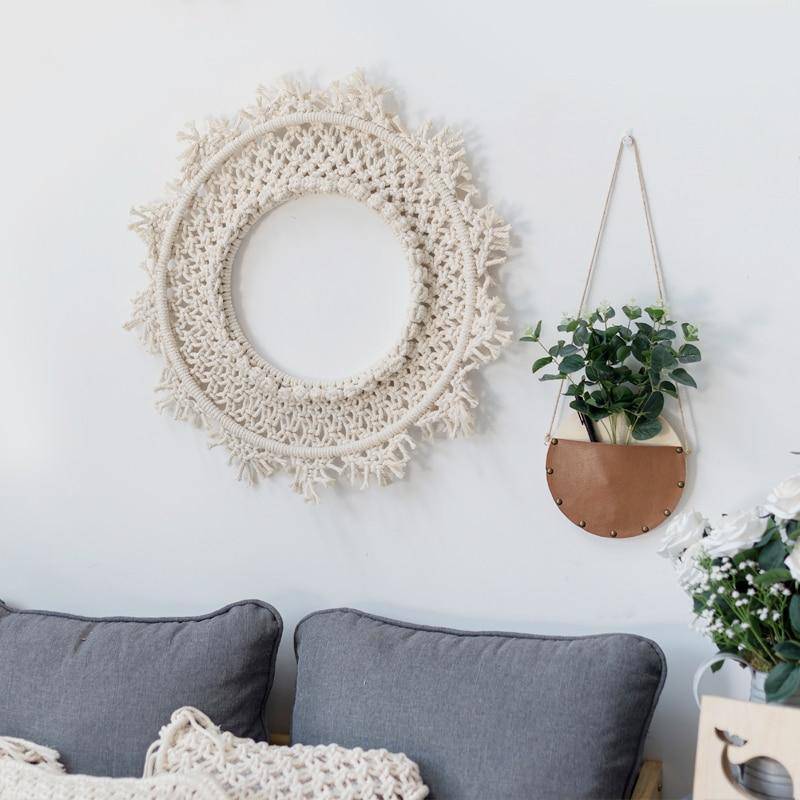 Miroir mural rond en tissu beige Bohemian - vue 4 sur 7