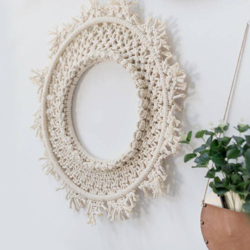 Miroir mural rond en tissu beige Bohemian - vue 8 sur 7