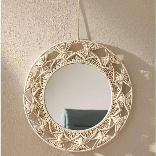 Round decorative wall mirror in Macrame fabric