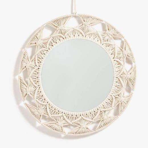 Round decorative wall mirror in Macrame fabric