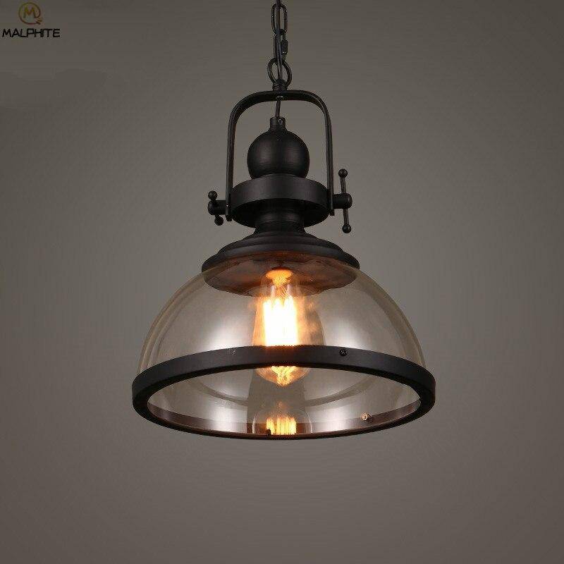 Suspension industrielle LED avec abat-jour en verre et métal noir rétro