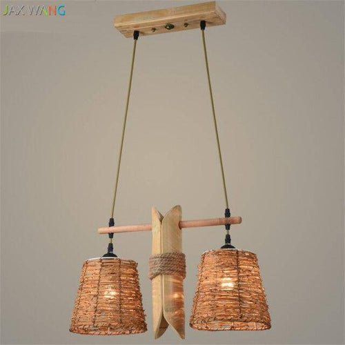 Suspension rustique LED avec deux abat-jours en rotin
