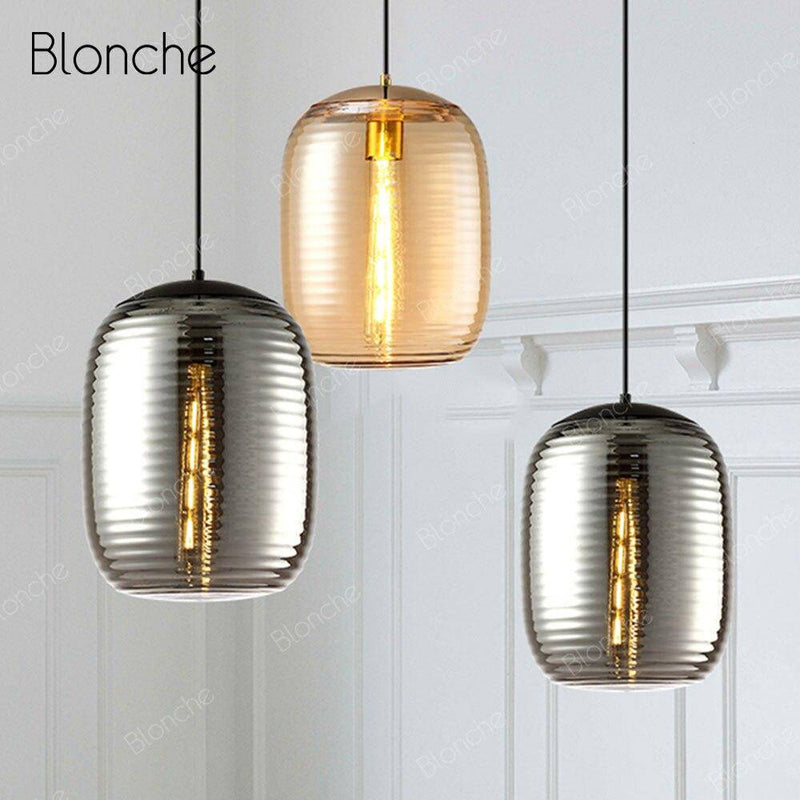 pendant light LED design in oval glass with industrial metal features