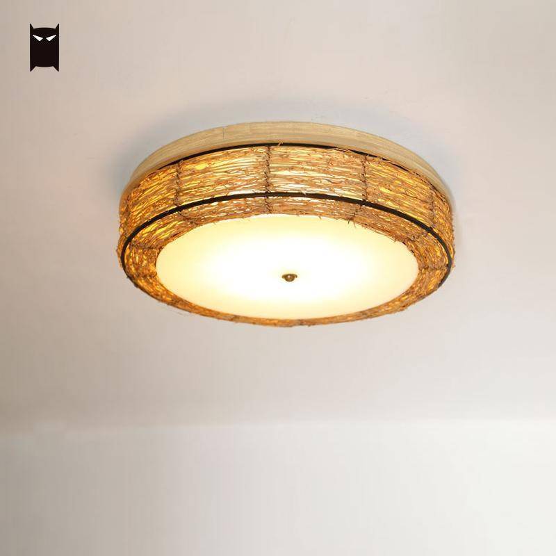 Round LED Wicker Ceiling Light Rattan