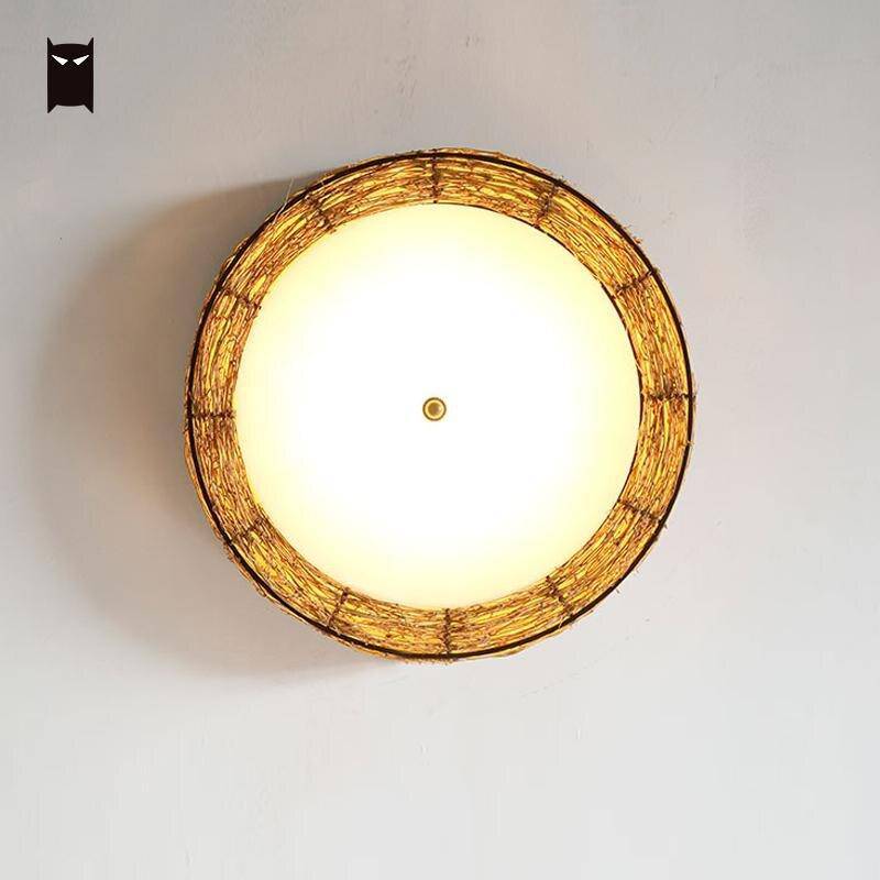 Round LED Wicker Ceiling Light Rattan