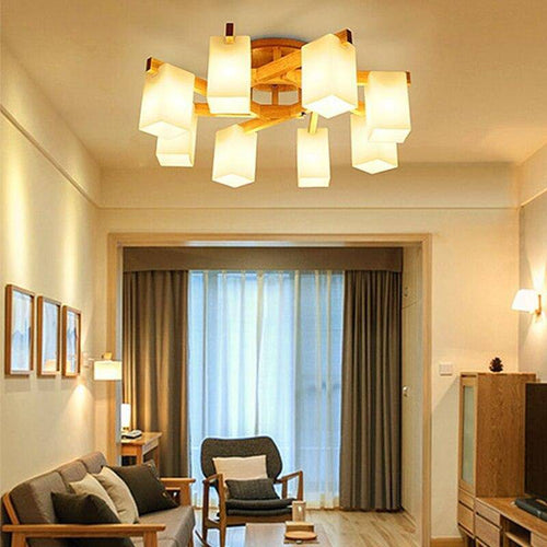 Modern wooden LED chandelier with several Nordic shades