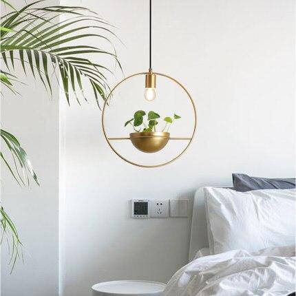 pendant light round gold LED design with flower pot