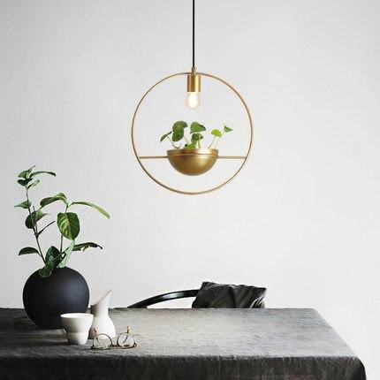 pendant light round gold LED design with flower pot