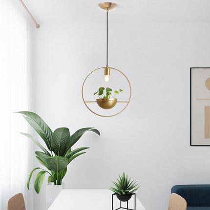 pendant light round gold LED design with flower pot