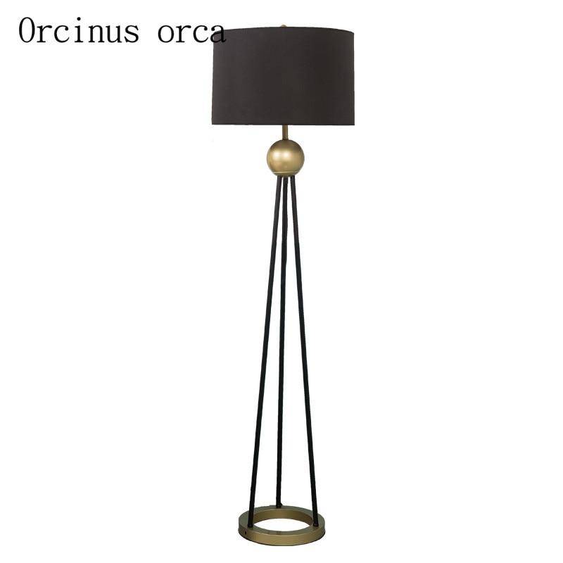 Floor lamp LED design three legs linked with gold ball and lampshade fabric