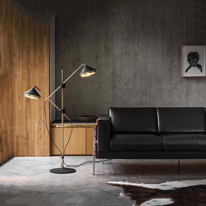 Lampadaire design avec deux abat-jours ajustables sur pied doré Sofa