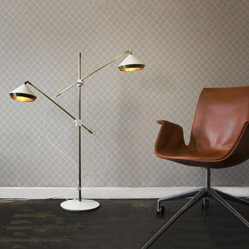 Floor lamp design with two adjustable shades on a golden base Sofa