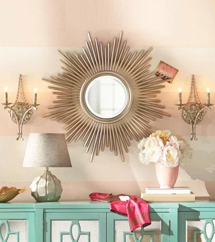 Sunburt round wooden sunburst wall mirror