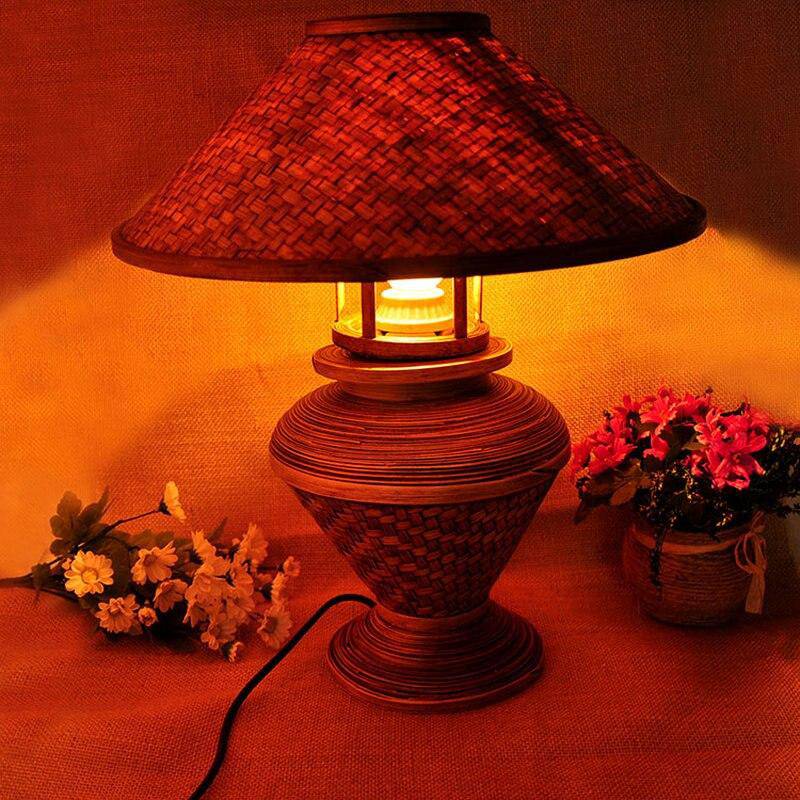 Lampe de chevet vintage rouge avec abat-jour en bambou Asia - vue 6 sur 5