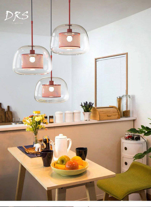 Suspension design à LED cage dans boule en verre