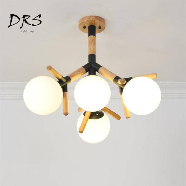 Wood and glass ceiling lamp with molecular branches