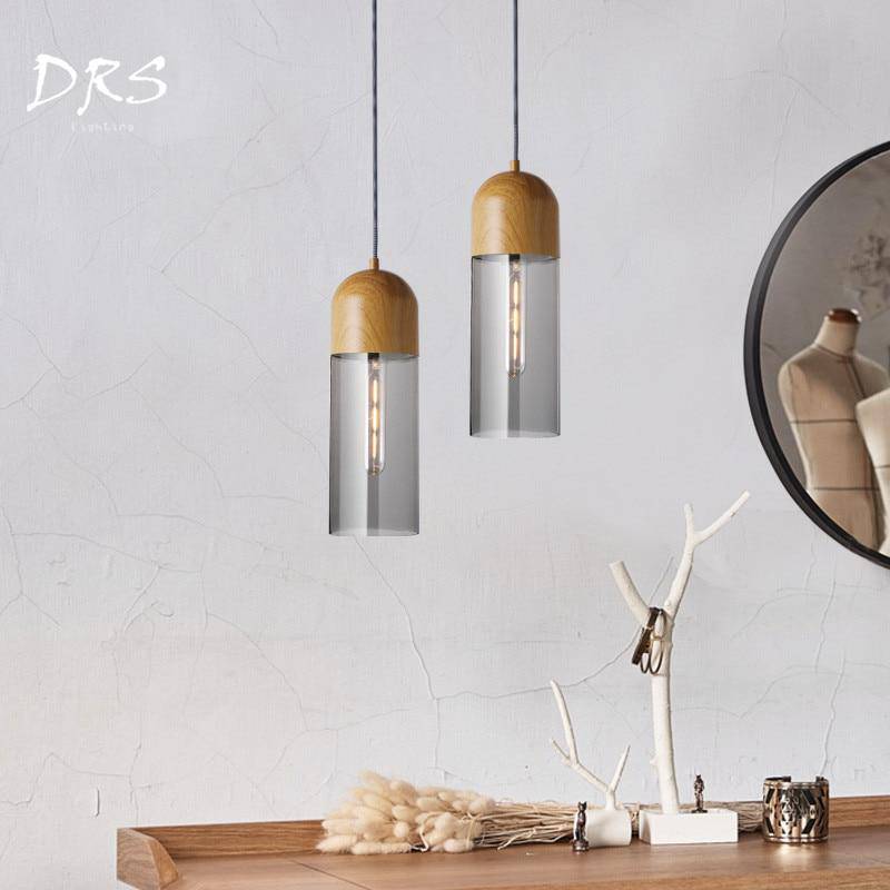 Suspension LED cylindrique en bois et verre Loft - vue 3 sur 6