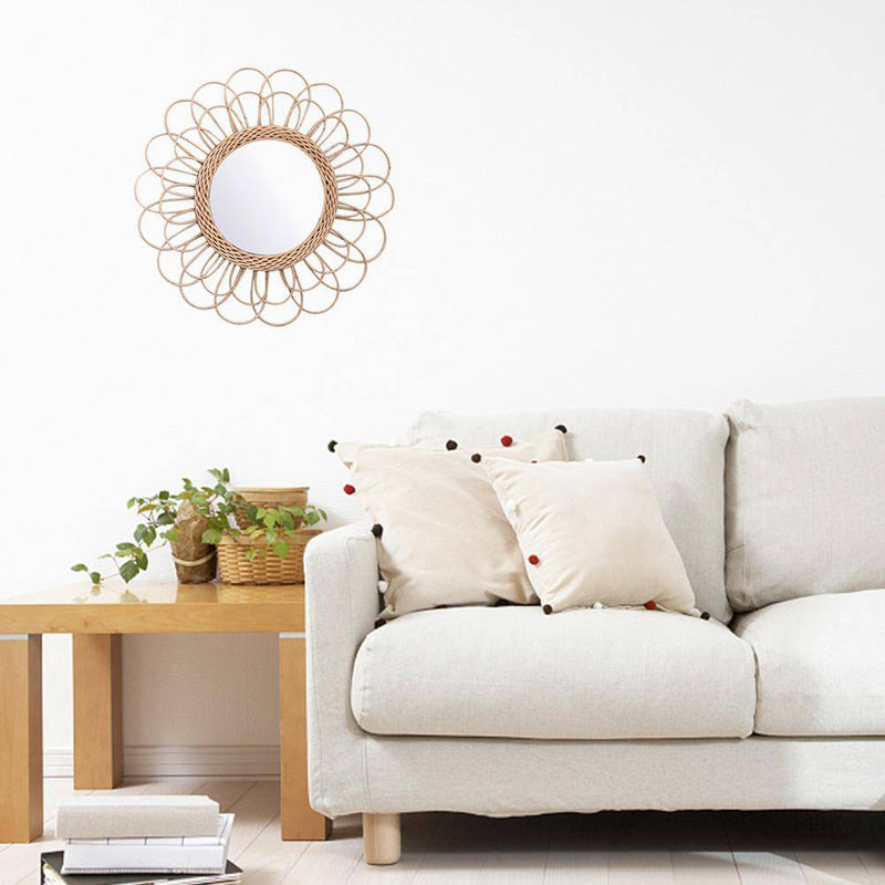 Round decorative wall mirror with flower petal in rattan