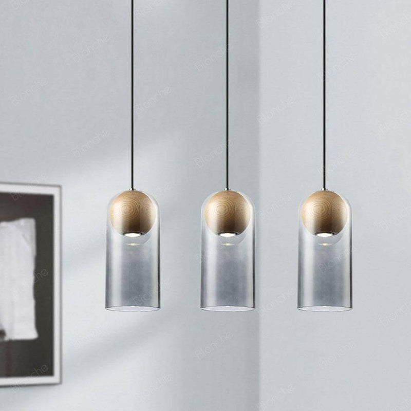 pendant light LED design in glass and wood industrial style