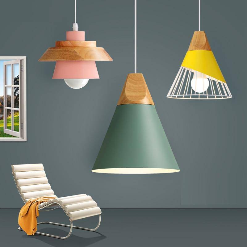 Pendant light made of coloured metal and wood in various shapes Nordic