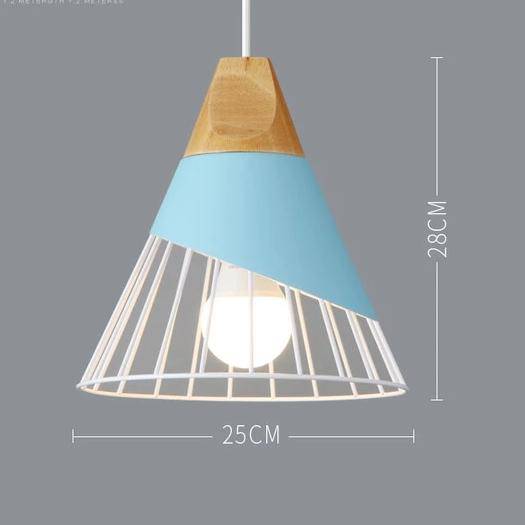 Pendant light made of coloured metal and wood in various shapes Nordic