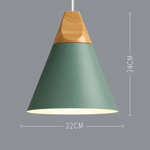 Pendant light made of coloured metal and wood in various shapes Nordic